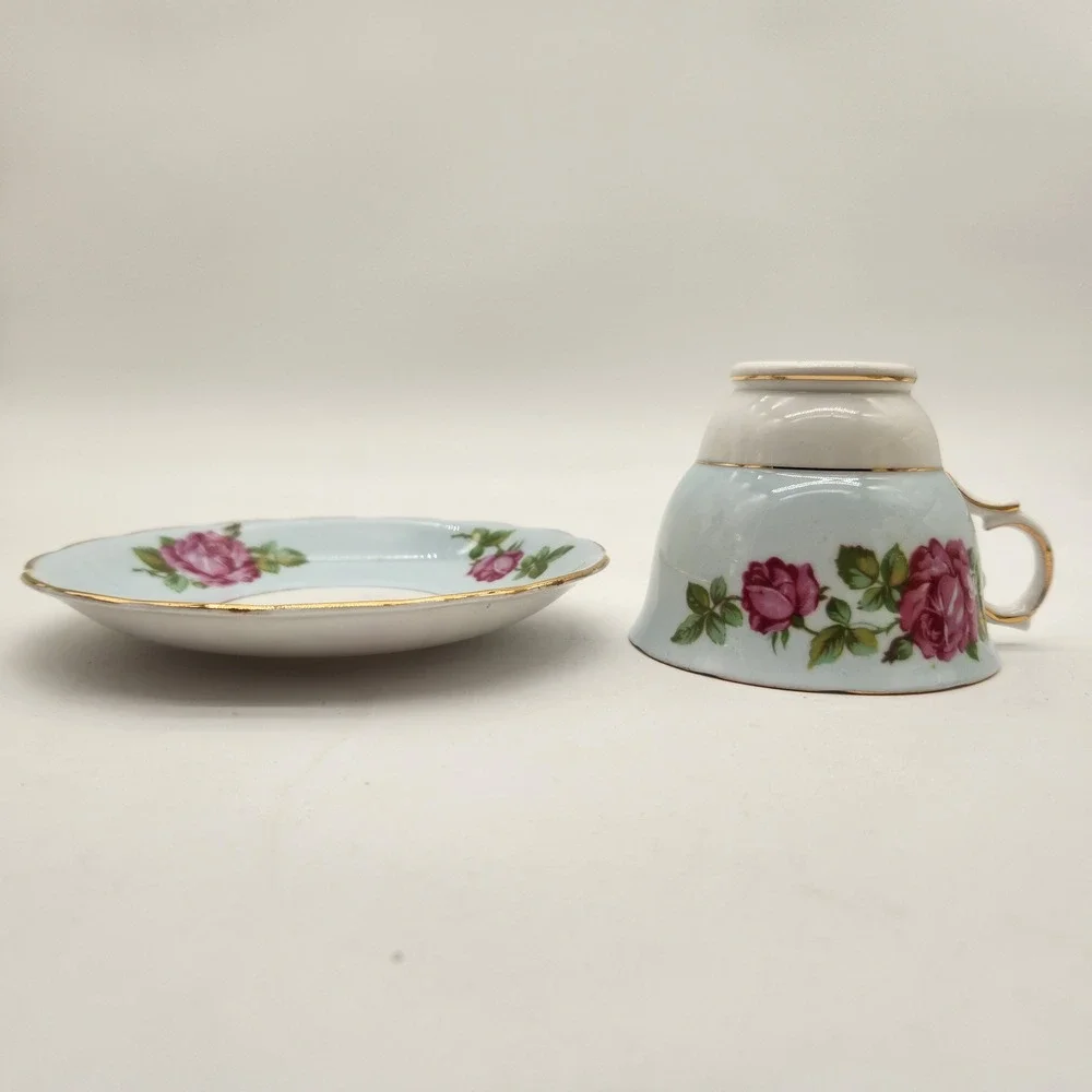 Colclough Bone China Teacup and Saucer Set Pink Roses Light Blue Made in England